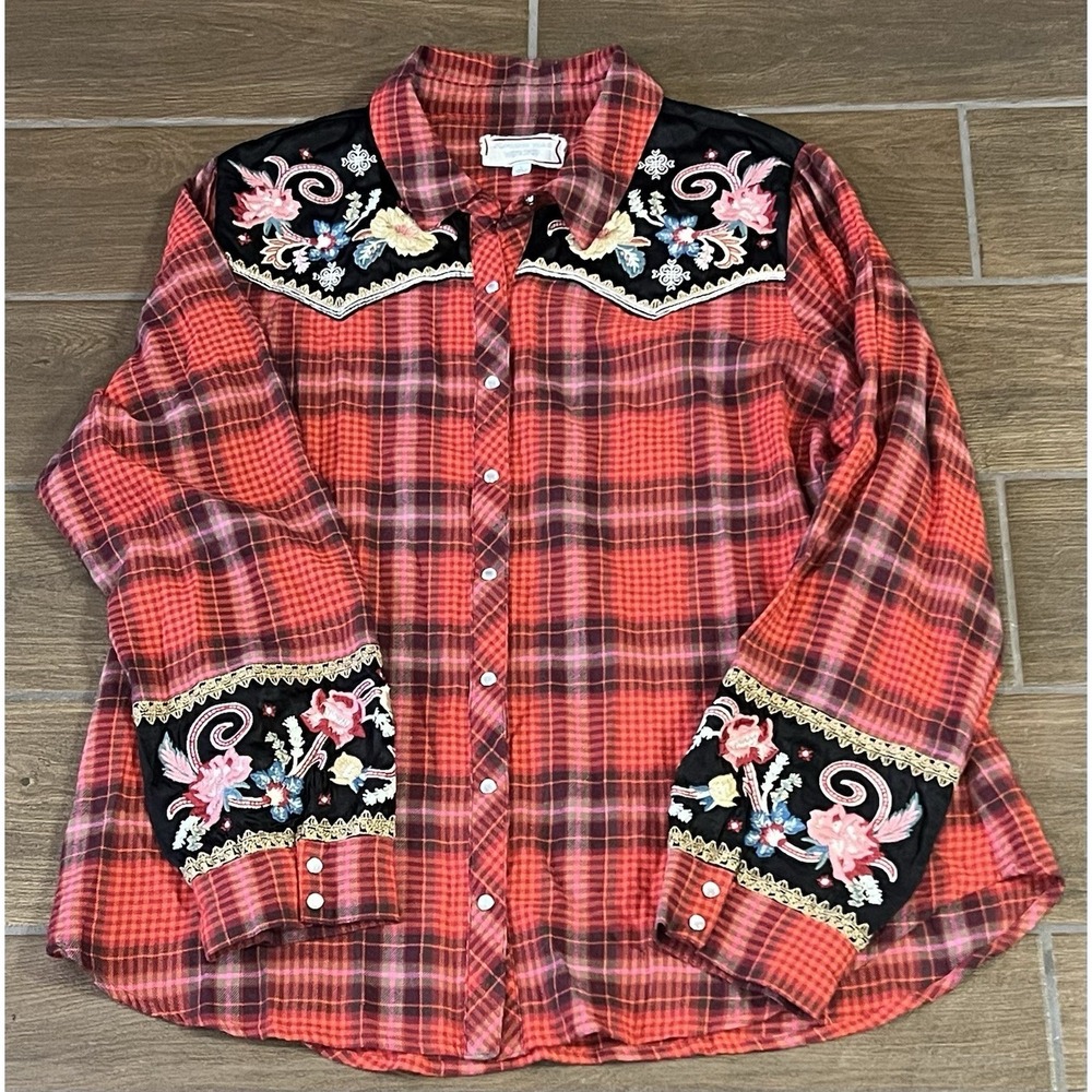 Johnny Was Workshop Red Esme Button Down Long Sleeve Shirt Large Embroidery